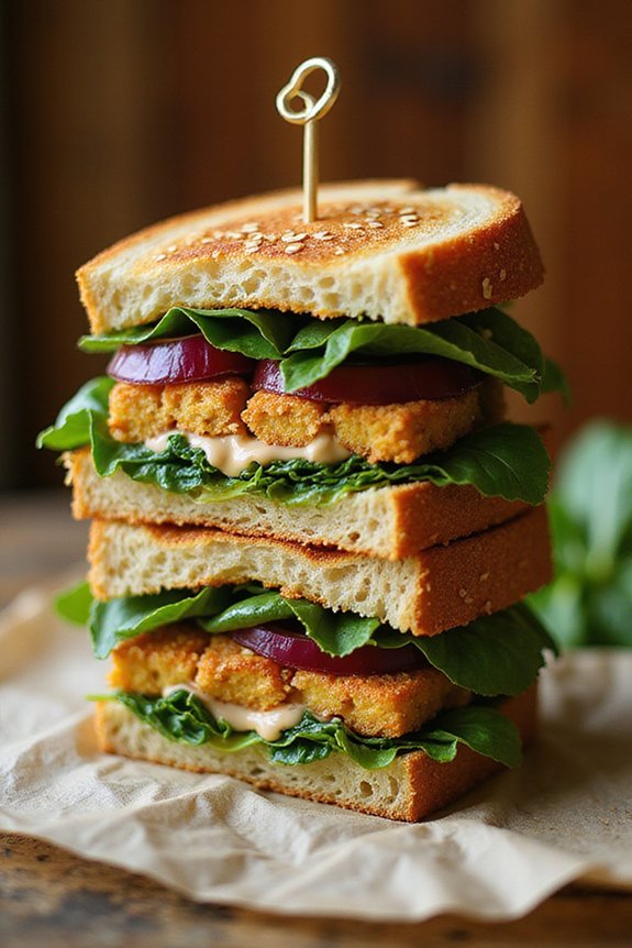 Ultimate Vegan Tofu Club Sandwich (Stacked) - preparation