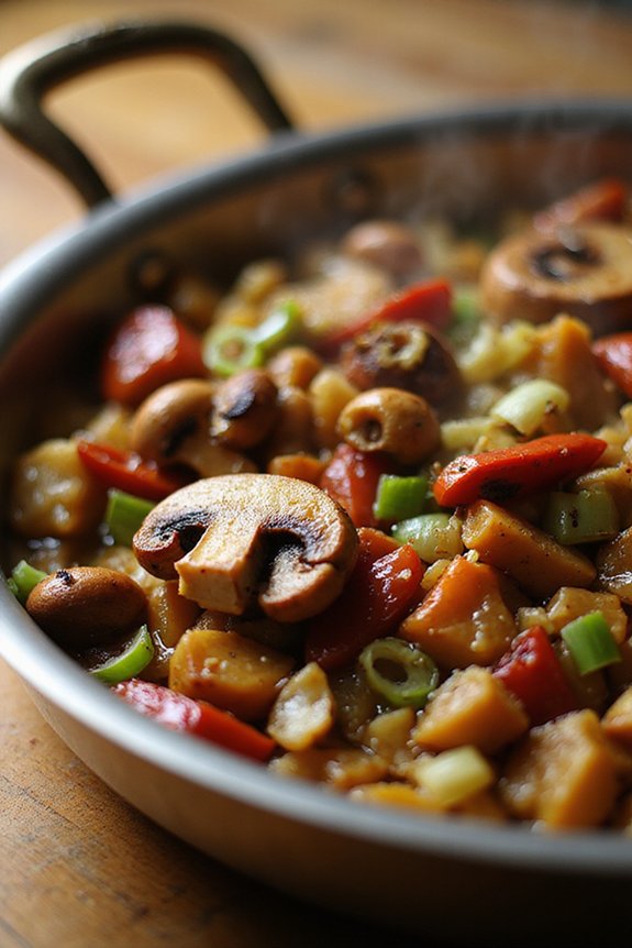 Vegan Red Pepper Mushroom Quiche (Rice Crust) - preparation